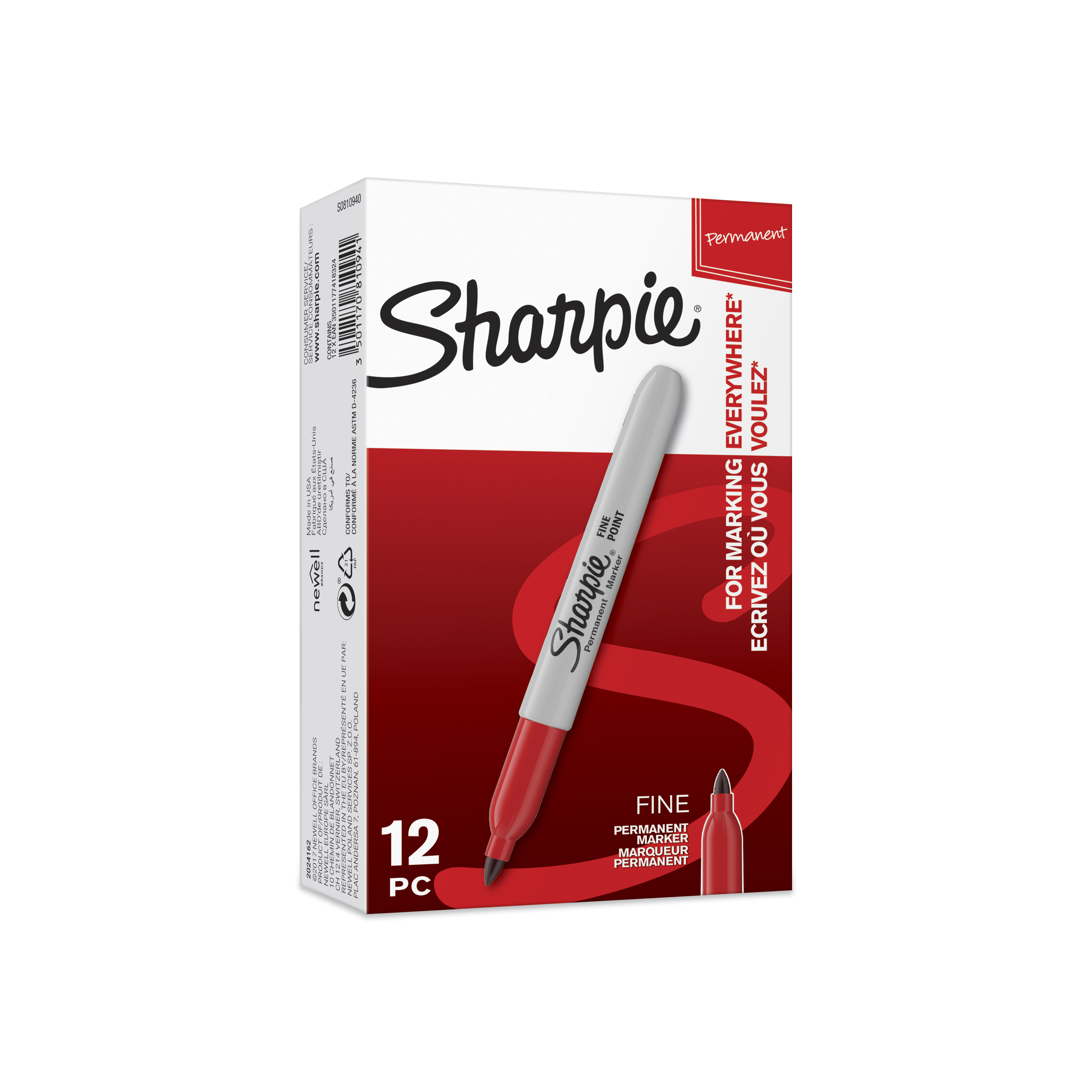 Sharpie - Pack de 12 marqueurs permanents - pointe fine - rouge