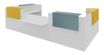 Banque d'accueil OLA - Ensemble composé de modules hauts(x2) + PMR + retours (x2) + tablettes (x2) jaune + (x2) bleu - L425 x P237,5 cm - blanc perle