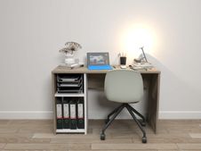 Bureau home office - Finition blanc et imitation chêne avec 1 partie rangement montable à gauche ou à droite 