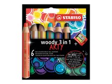 STABILO woody 3 in 1 ARTY - kleurpotlood - zwart, geel, turquoise, ultramarijn, wit, STABILO rood (pak van 6)