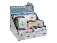 APLI - zipper bags display - zwart, blauw, geel, rood, groen
