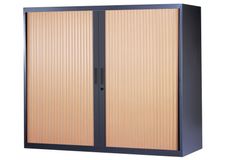 Armoire basse à rideaux - L120  x H105 x P43 cm - 2 tablettes - corps anthracite / porte hêtre