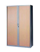 Armoire haute à rideaux - L120  x H198 x P43 cm - 4 tablettes - corps silver / porte hêtre