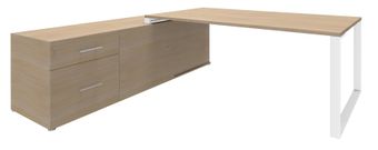 Bureau LOFTER Manager - L180 x P100 x H72,5 cm - console retour à gauche (tiroirs) - pieds blanc - plateau imitation chêne clair