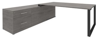 Bureau LOFTER Manager - L180 x P100 x H72,5 cm - console retour à gauche (tiroirs) - pieds carbone - plateau imitation chêne gris