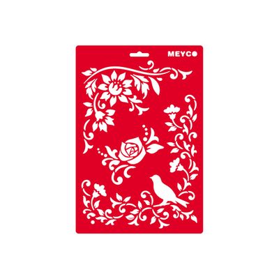 4028245660465-MEYCO - Pochoir artisanal - fleurs et oiseaux - 21 x 31 cm - rouge transparent - plastique-Avant-0