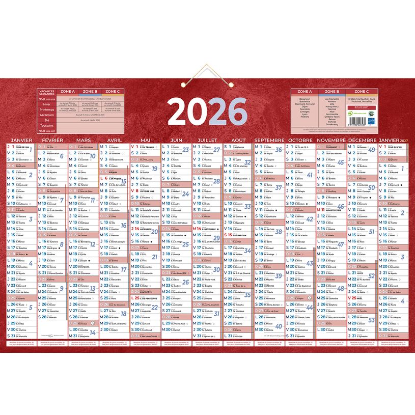 3592930026535-Calendrier bancaire année civile BOUCHUT "228 Rouge" 43 x 65 cm coloris rouge 70 %--0