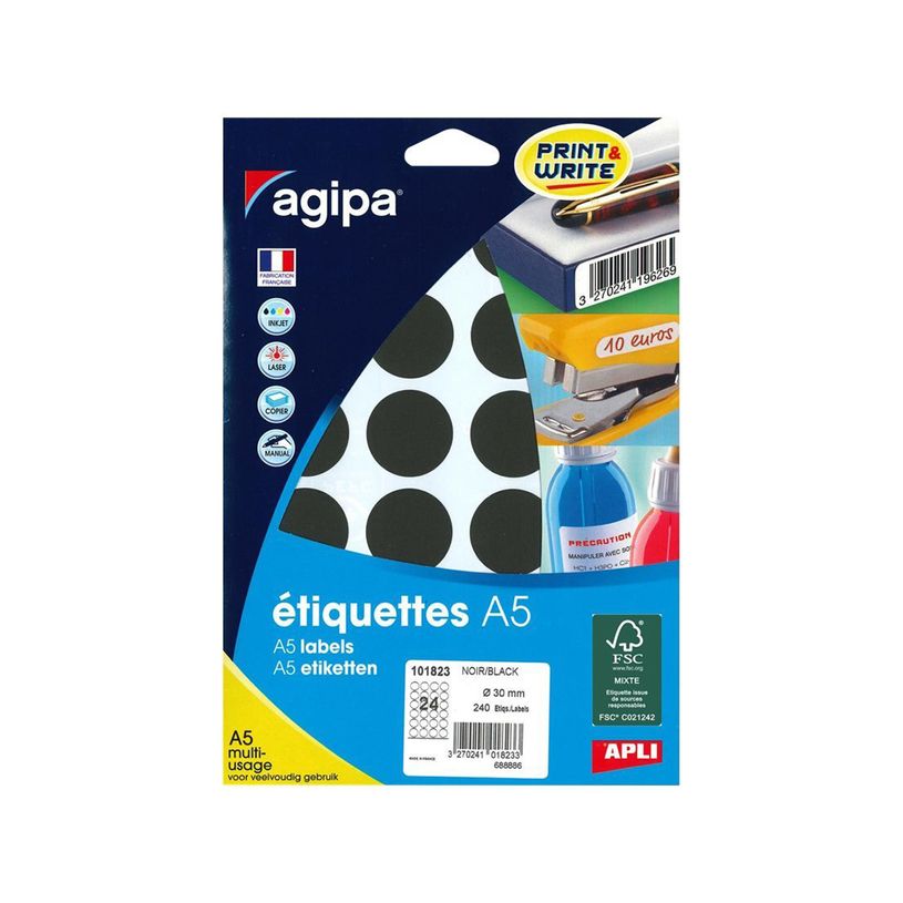 3270241018233-Apli Agipa - Etui A5 - 240 Pastilles adhésives - noir multi-usages - diamètre 30 mm - r