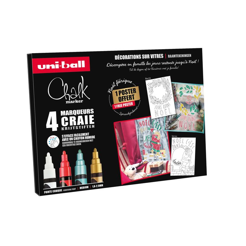 3296280048918-UNI CHALK - Pack de 4 marqueurs craie - pointe moyenne conique - coloris assortis (blanc, -P_405155869_1-0