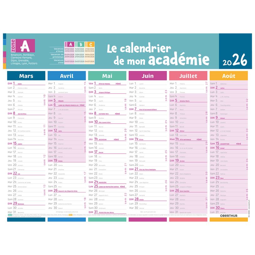 3664447195070-Calendrier de mon académie - Zone A - 6 mois par face - 32 x 42 cm - Oberthur-P_405228536_2-1