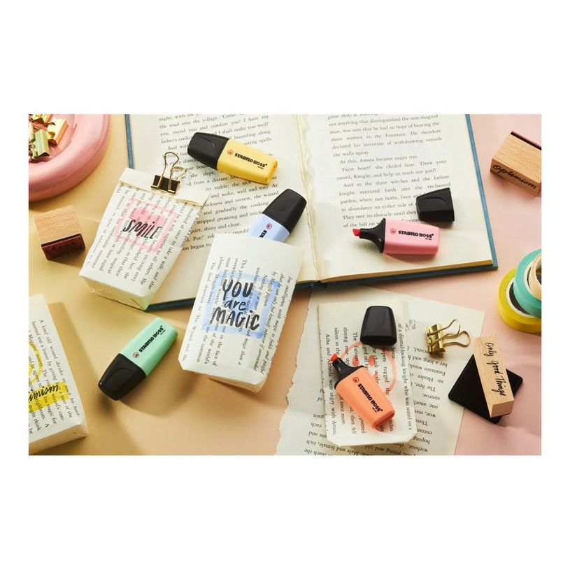 4006381616911-STABILO BOSS MINI Pastel - Surligneur - bleu nuageux, pêche crémeuse, goût léger de menthe, crème de jaune, brosse rose - encre-P_405240032_5-2