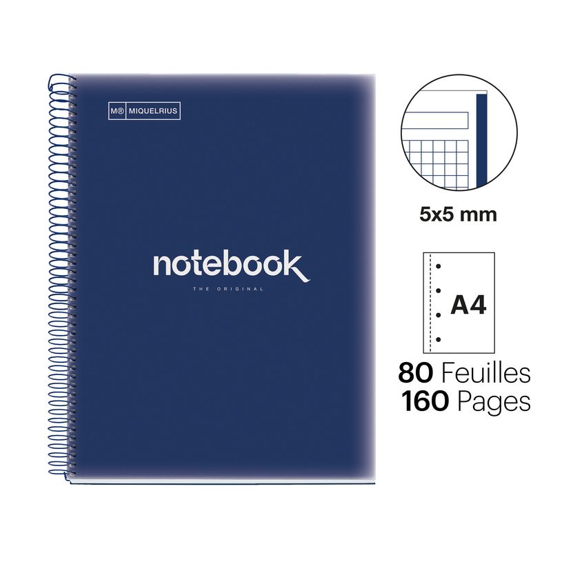 8422593460573-Notebook Emotions couverture souple A4 quadrillage 5x5 mm 80 feuilles de 1 couleur, Miquelrius Bleu mar--1