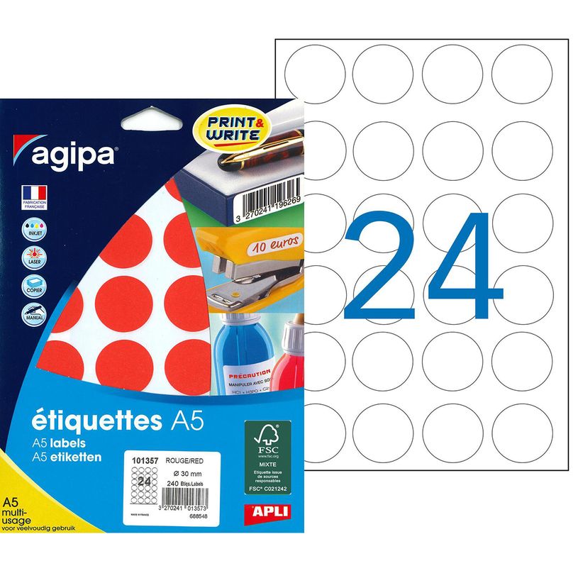 3270241013573-Apli Agipa - Etui A5 - 240 Pastilles adhésives - rouge multi-usages - diamètre 30 mm - r