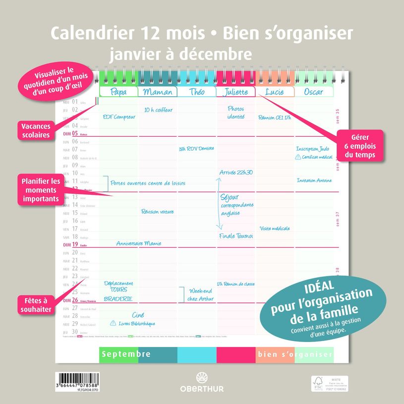 3664447118376-Oberthur Bien s'organiser - Calendrier mensuel - 12 feuilles - 30 x 30 cm-P_79368508_2-1