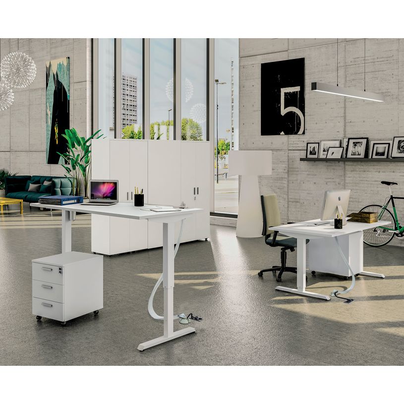 3253310160064-Bureau LEVEL - Bureau éléctrique - L160 - pied blanc - plateau Imitation Chêne gris-P_79429790_2-1