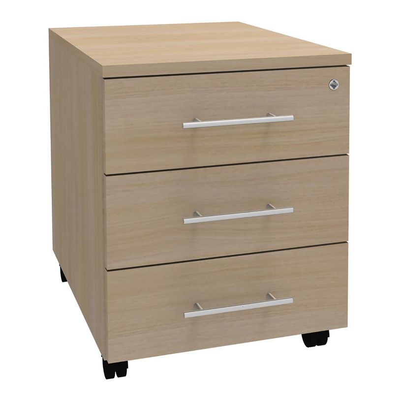 3253310146884-Caisson mobile LEVEL/STEELY/WOODY - L43 x H56 x P60 cm - 3 tiroirs - imitation Chêne clair-P_79432625_1-0