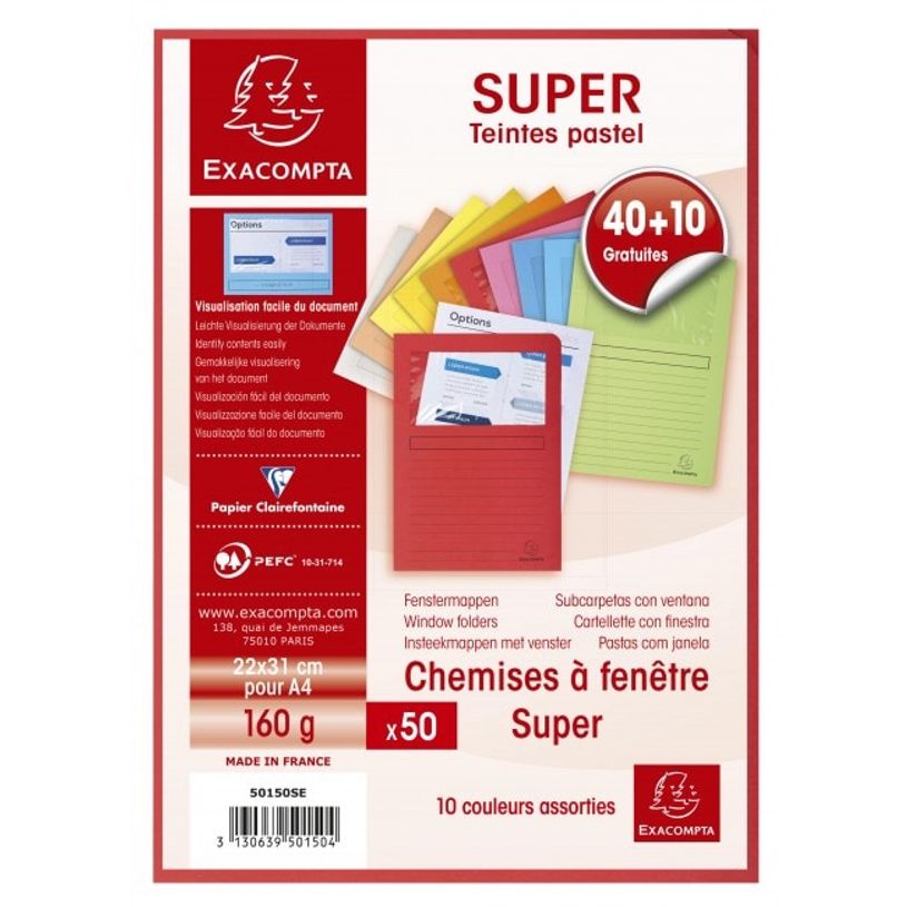 3130639501504-Exacompta - 40 + 10 Chemises à fenêtre - 160 gr - couleurs assorties-P_79433660_1-0